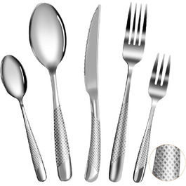 Набір столових приборів на 8 осіб, 40 предметів: ножі, виделки, ложки. Виготовлений з нержавіючої сталі, дзеркально відполірований, придатний для миття в посудомийній машині. Сріблястий колір.