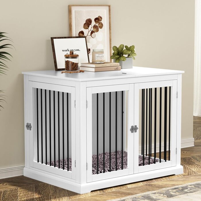 Клітка для собак у дім, Будка для собак з подушкою, Внутрішня клітка для собак, Будка для собак, Клітки для собак великих порід, Клітка для собак у стилі меблів з відкидним верхом, Білий (L)