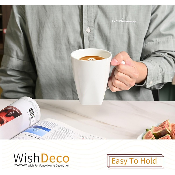 Набір кавових чашок WishDeco 6 шт., порцеляна, білий колір, 400 мл, з ручкою, для кави, чаю, капучино, молока, гарячих напоїв, квадратна основа