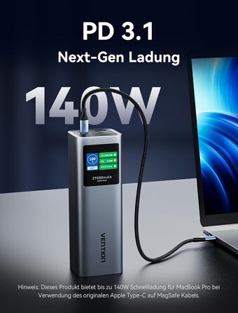 Power Bank VENTION 27000 mAh 140W з PD3.1: зарядка для ноутбуків, iPhone, iPad, Galaxy | FKE-EU