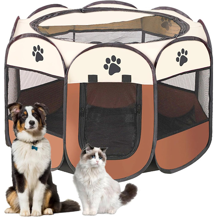 Переносний вольєр для цуценят, клітка для собак та котів, вольєр для кроликів, складаний, водовідштовхувальне полотно Оксфорд (Коричневий, 8, S)