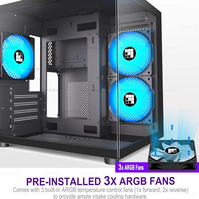 Корпус для ПК FOIFKIN F100 Micro ATX з 3 ARGB вентиляторами, ігровий, чорний