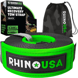 Буксирувальний ремінь Rhino USA 7,6 см x 6,1 м, 13 600 кг – надміцний трос для авто, позашляховиків, квадроциклів, аварійний ремінь для евакуації, чорний