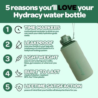 Пляшка для води Hydracy з соломинкою та мітками часу 2л - Спортивна пляшка без BPA, герметична, не конденсується - Moonlight Green