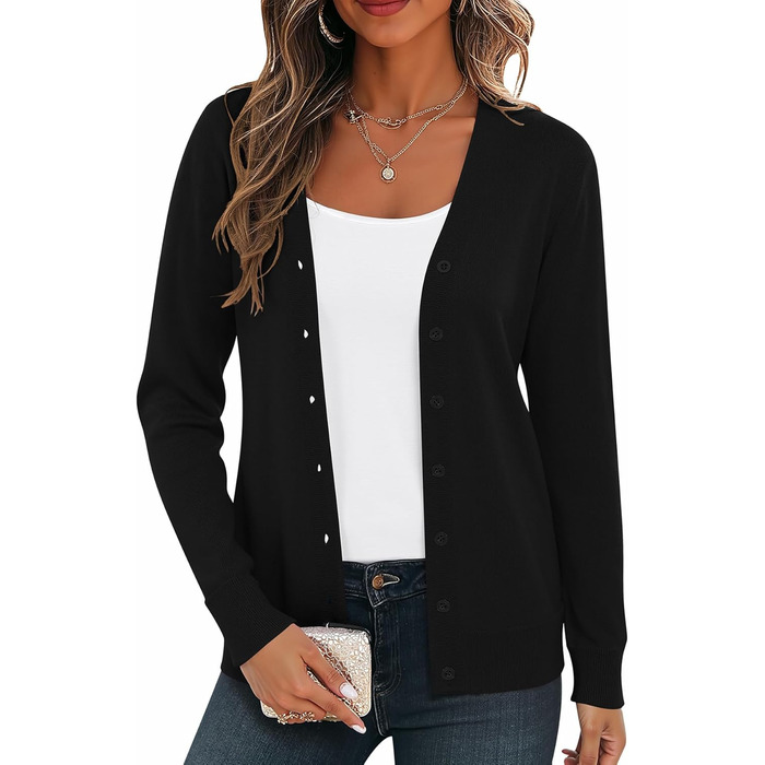 Жіноча легка в'язана жилетка з довгим рукавом, в'язаний пуловер з V-подібним вирізом, вінтажна класична жилетка на ґудзиках (L, Чорний)