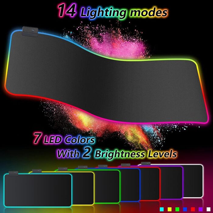 Килимок для миші ігровий RGB 800x300 мм XXL, великий, з 14 режимами підсвічування, 7 LED кольорами, вологостійкий, з антиковзким покриттям для ПК, професійний геймер, чорний