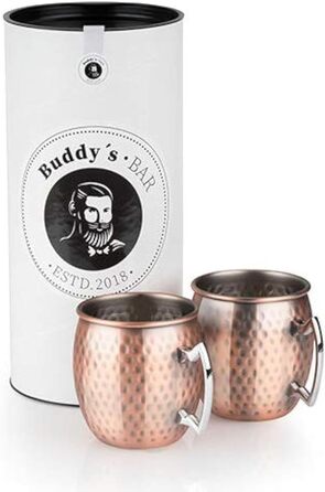 Набір для коктейлів Buddy's Bar Moscow Mule: 2 мідні келихи 500 мл, барна ложка 27 см, джигер 50 мл, чорна преса для лайма, подарункова коробка, харчова мідь, антик, 2 шт.