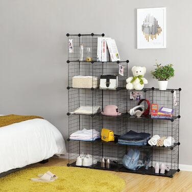SONGMICS Storage Cubes, 16 Cube Storage System from Metal Wire, DIY, Modular Grid Shelf, with Wire Frame, Black LPI44H