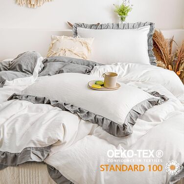 Бежева постільна ковдра 220x240 см з ручною вишивкою, комплект. Вінтажний стиль, туфтоване покриття, бохо, шабі шик. Матеріал: вимита мікрофібра. 1 ковдра на блискавці, 2 наволочки 80x80 см (Руш-білий, сірий, 135x200 см*1+80x80 см*1)