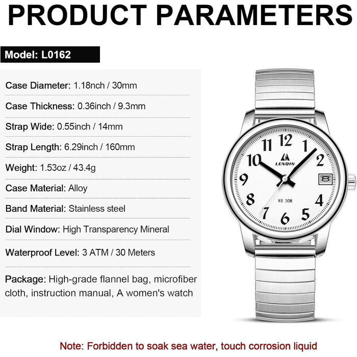Жіночий годинник LN LENQIN: Водонепроникні годинники для жінок з нержавіючої сталі, кварцовий механізм, аналоговий дисплей, регульований ремінець, сріблястий колір, білий циферблат
