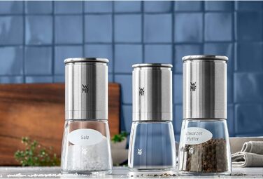 Набір млинків для солі та перцю WMF De Luxe, 3 предмети, нержавіюча сталь Cromargan, матова, скло, керамічний механізм, наповнені, для солі, перцю, чилі