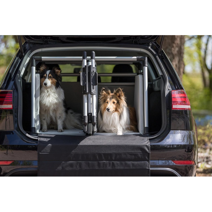 Трійзі Двомісна переносна клітка для собак з алюмінію – переноска для двох собак до 50 кг, 93 × 64 × 83 см, з висувною перегородкою, надійний замок, неслизький килимок – 39345 срібна L 93 x B 83 x H 64 см Двомісна переноска