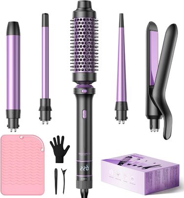 BESTOPE PRO Локкенстаб: Набір для створення локонів 5 в 1 з плойкою, термощіткою, 3 локкенстабами (9мм-25мм) для великих локонів, 13 температур, керлер для волосся з термозахисним покриттям, рукавичка, затискач, колір Nordlicht Lila