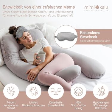 Подушка для сну на боці Mimi Kalu® Original з Memory Foam. В комплекті: чохол з 100% Soft-Cotton та маска для сну. Ідеальна для вагітних та годуючих мам, а також як м'яка подушка. Розмір: 130 x 70 см, колір: платиново-сірий.