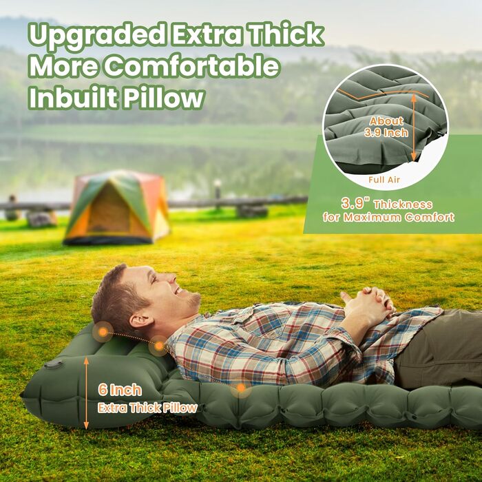 ROPODA Self-Inflating Camping Mat with Pillow & Foot Pump - Ultralight Waterproof Sleeping Pad for Outdoor, Camping, Hiking (Green & Gray)