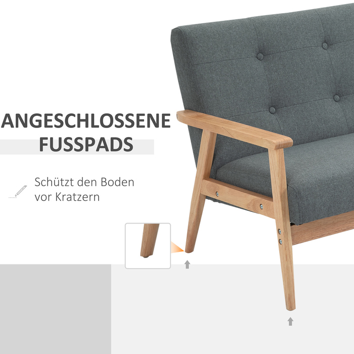 HOMCOM Подвійне диван-крісло Loveseat на 2 місця з м'якою оббивкою, компактний дизайн з льону та гумового дерева, сірого кольору, розміром 115x66,5x73 см для вітальні