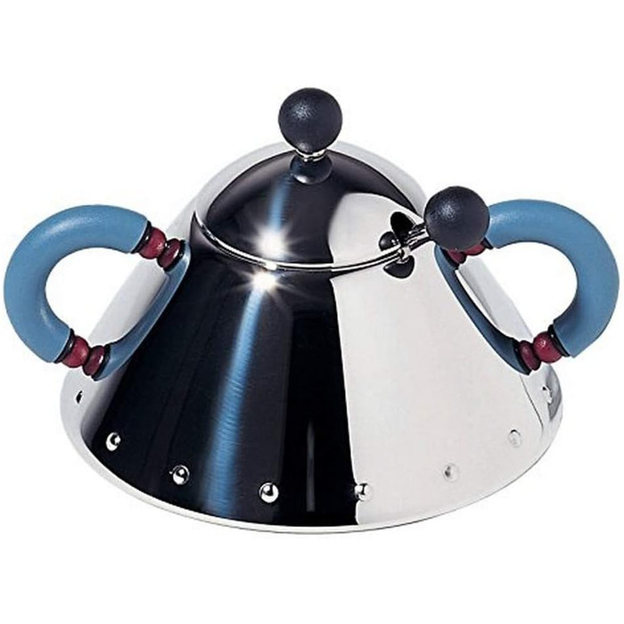 Цукорниця з ложкою Alessi з нержавіючої сталі, з блакитною ручкою і чорною кнопкою, 6.5x10.5x2 см