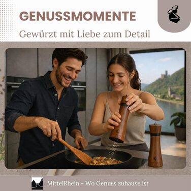 Дерев'яна мельниця для солі та перцю LORELEY® Mittelrhein Germany з керамічним механізмом – з підставкою та пензлем – у подарунковій коробці. Ідеальний подарунок на весілля або новосілля (Deluxe з нержавіючої сталі)