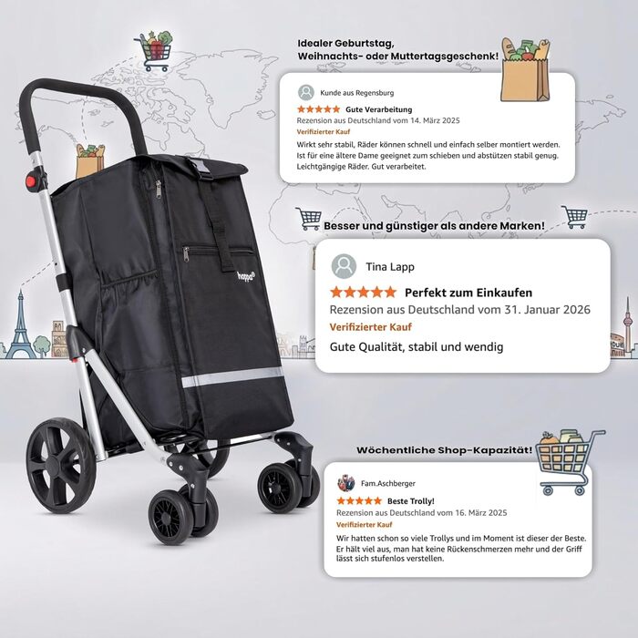 Hoppa – Розкладний візок для покупок | Великий 74L | Легкий візок на 6 колесах з 5 кишенями | Міцний та водонепроникний | Ідеальний для щоденного використання