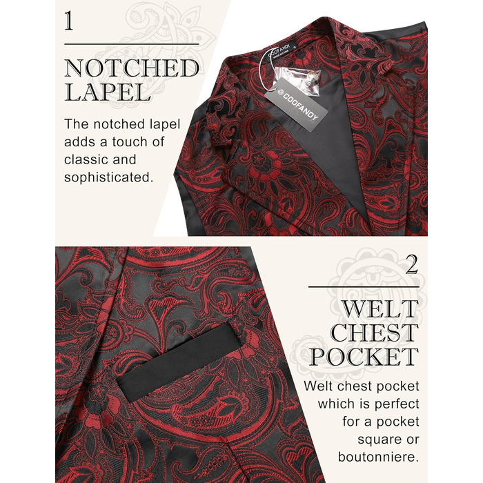 COOFANDY Жилет чоловічий з візерунком пає, вікторіанський, готичний, стимпанк, формальний, смокінг з гострим лаплями, колір вишневий M