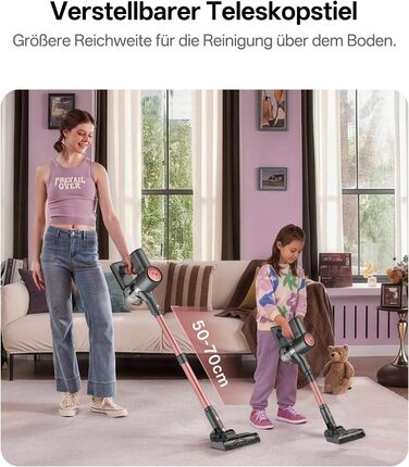 Бездротовий акумуляторний пилосос Vexilar V10PRO 6-в-1 з LED, потужність 450W, час роботи 45 хв, сила всмоктування 45000Pa. Підходить для твердих поверхонь, килимів та видалення шерсті тварин. Компактний, легкий, з телескопічною трубою. Колір: Рожевий.