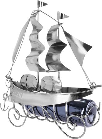BRUBAKER Wine Bottle Holder Sailing Ship - Bottle Stand Sculpture made of Metal with Gift Card - Silver Wine Gift, Height 39 cm