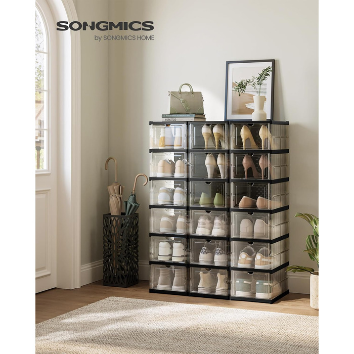 SONGMICS Shoe Cabinet Set, with 18 Shoe Boxes, Integrated Shoe Organizer, Foldable, Portable, for Shoes up to Size 46, 1-Minute Assembly, Transparent-Cloud White LSP207W01 (Transparent + Ink Black, 3)