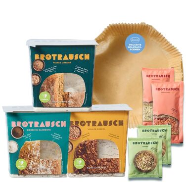 Brotrausch Bread Mix Introductory Package Bake Bread (3 x 400g) – includes bread tin, dough improvers & toppings - natural, vegan, with spelt & whole grain