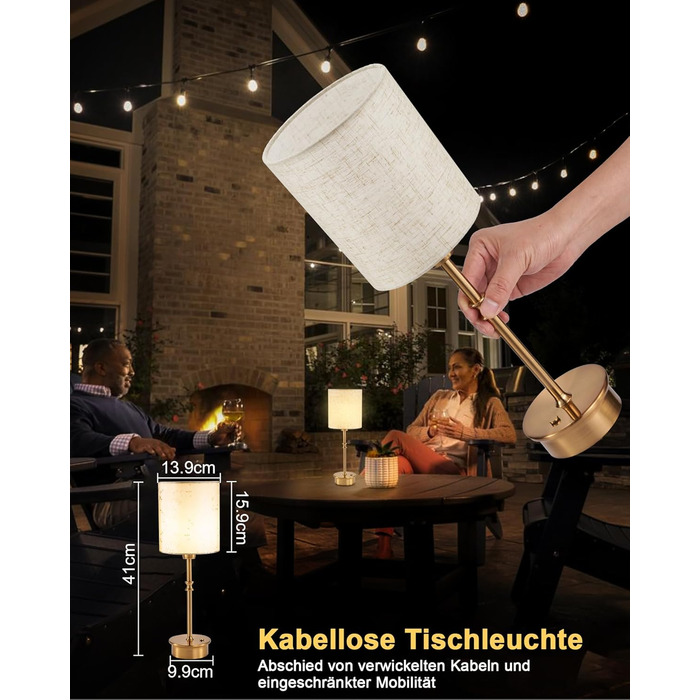 Нічна лампа OCEST на акумуляторі, сенсорне керування, регулювання яскравості, декоративне освітлення для дому, кухні, тераси, обіднього столу. Тканинний абажур кольору античне латунь, висота 41,5 см
