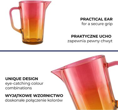 Water Carafe Glass 1 Liter with Comfortable Handle Colorful Water Pitcher 19 cm Glass Jug Orange Pink Glass Pitcher Water Carafe Glass Carafe Pitcher Glass Jug 1l | Gigi Magical Sunrise