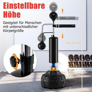 COSTWAY Стенд-бокс, боксерський мішок на стійці, регульована висота, 360° відбиваюча стійка, 2 швидкосні м'ячі, комплект боксерського мішка, кікбоксингу, MMA для дітей та дорослих, 173-213 см