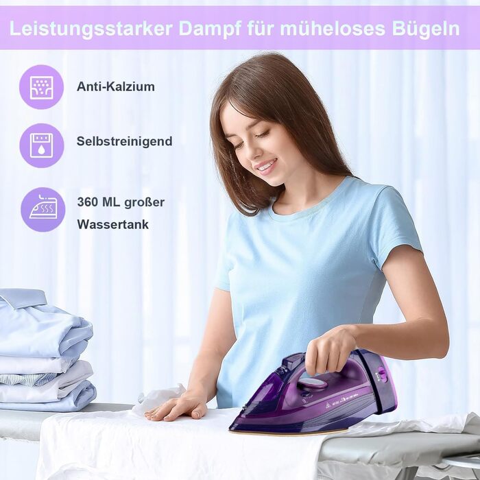 Пароочищувач бездротовий 2400W з керамічною підошвою, функцією вертикального прасування, антикальк, самоочищення та резервуаром для води (фіолетовий)