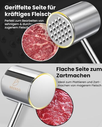 Преміум Fleischklopfer від Brendo: м'ясорубка з масивного нержавіючої сталі, двостороння, з плоскою та зубчастою поверхнею для будь-якого м'яса, + E-Book рецептів, придатна для миття в посудомийній машині, шніцельниця
