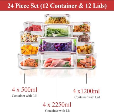 Набір контейнерів KICHLY 24 шт. з кришками: для зберігання продуктів, meal prep, заморожування. Без BPA, червоний.