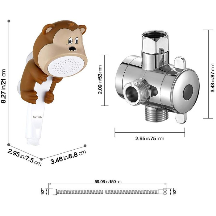 KAIYING Kids Showerheads, Cartoon Water Flow Sprinkler Shower, Shower Head Attachment for Toddlers, Baby Handheld Shower Head Bathroom Accessories, Kids Shower Head Attachment (J: Showerhead (Frog) + Hose + Diverter Valve) (Monkey Showerhead Set)