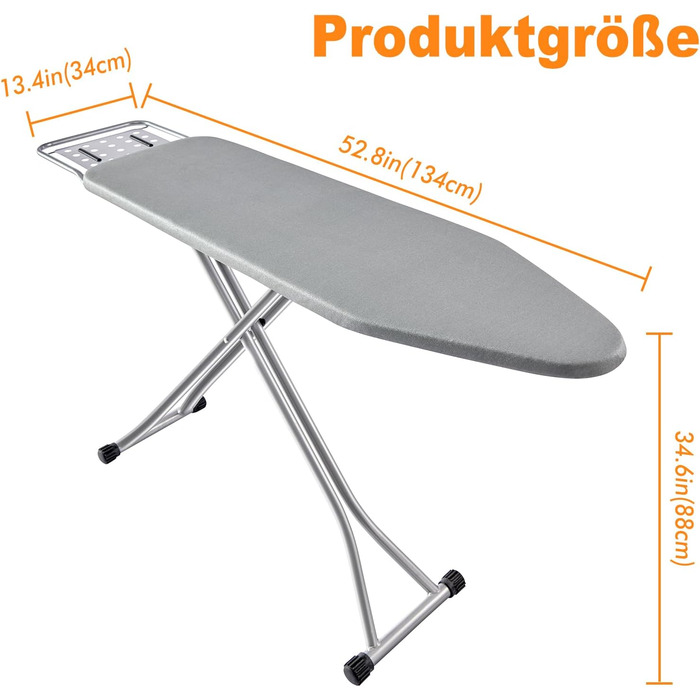 BKTD Ironing Board, heat-resistant ironing board cover with steam iron rest, non-slip folding ironing stand. Robust metal frame with legs for irons (34 * 88 * 134 cm) in silver-grey.