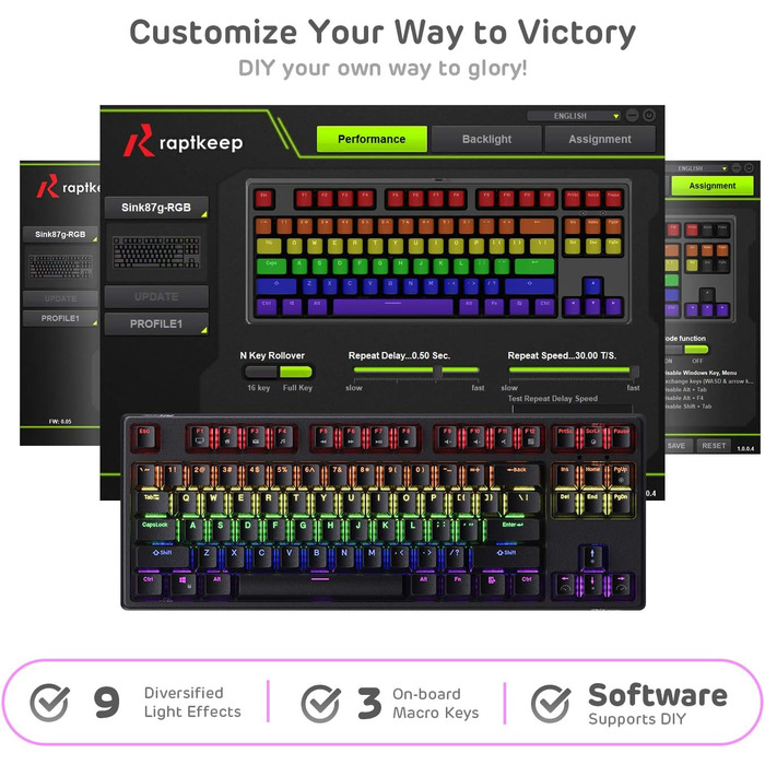 Механічна ігрова клавіатура Royal Kludge RK87G RGB TKL з 87 клавішами, без NumPad, тактильні коричневі перемикачі, підключення 2.4G, макроналаштування, чорний колір