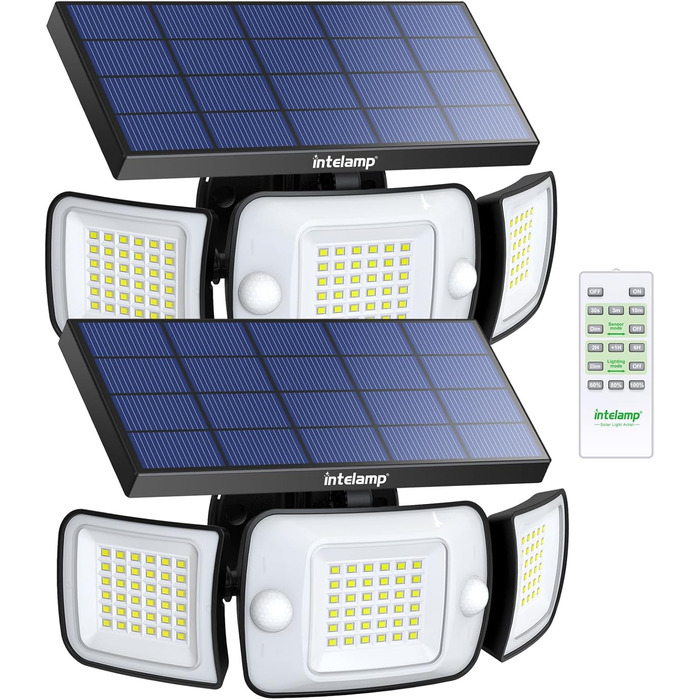 INTELAMP Solar Lights for Outdoors with Motion Sensor, 6000 mAh Solar with Remote Control, 1200LM, 270° Wide-Angle Solar Lights, IP65 Waterproof for Porch and Garages (2-Piece - White Light)
