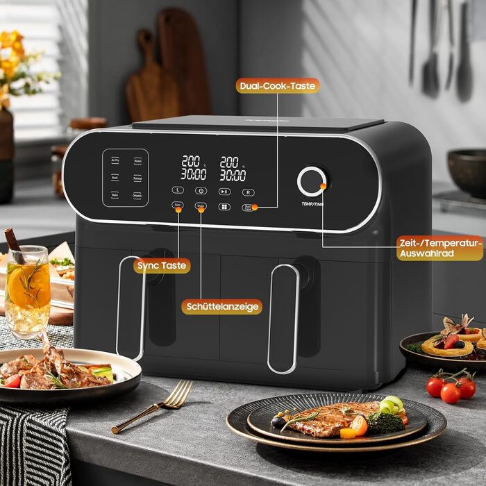 iceagle Hot Air Fryer 2 Chambers Airfryer XXL 11L - 1700 W Hot Air Fryer with 2 Compartments | Dual Zone Hot Air Fryer, 6 Cooking Functions, Touchscreen, Recipe Book Dual Basket 11L