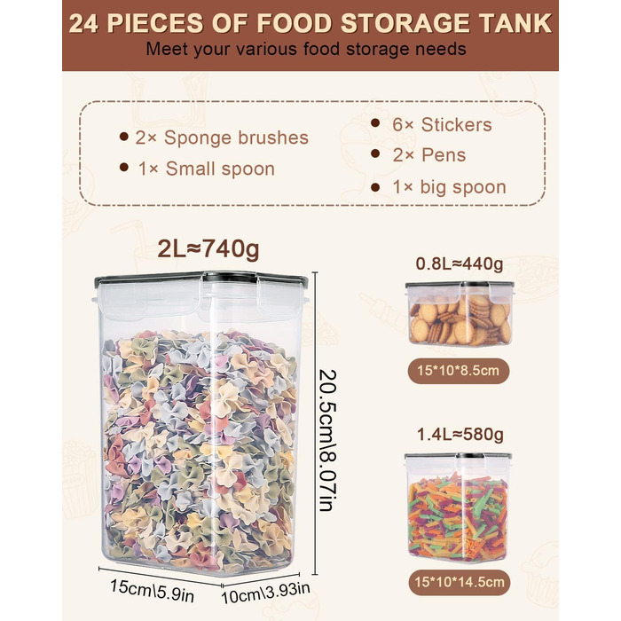 Набір контейнерів для зберігання Heucheey 24 шт. з кришкою, набір для кухні з пластику, з наклейками, пензлем та ложкою, контейнери для зберігання круп, борошна, макаронів, BPA-free