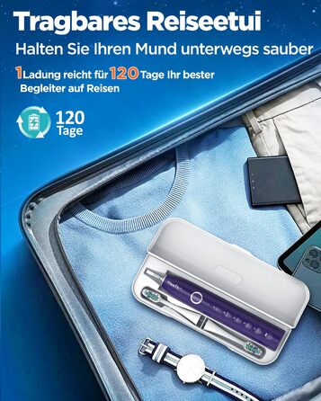 Електрична зубна щітка зі звуковими вібраціями, 8 насадок (3 типи), таймер, 120 днів роботи від акумулятора, 5 режимів чищення, чохол для подорожей, док-станція, фіолетовий колір