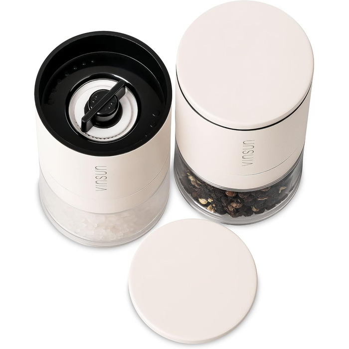 Набір з 2 мельниць для солі та перцю Vinsun - керамічний механізм, регульовані, ручні, нержавіюча сталь, кремово-білі