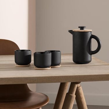 Stelton Teacup Theo - Drinking cup for tea, coffee & hot chocolate - stoneware, cast iron exterior, glazed interior - lid made of sustainable bamboo wood - Black & Brown, 0.2 Liter Teacup Black