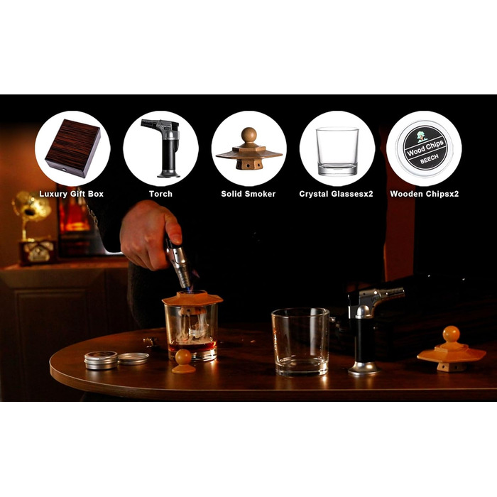 Преміум дерев'яний бокс для віскі з набором для копчення, ліхтарик, тріски, 2 склянки, набір для копчення коктейлів, подарунок для чоловіків, віскі, бурбон, День батька, ідеї подарунків на день народження
