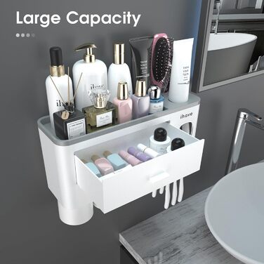 I have a bathroom toothbrush holder, 3-cup toothbrush holder with toothpaste dispenser, bathroom accessories with large storage space, cosmetic drawer, white