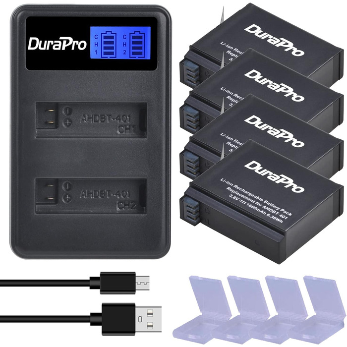 Акумулятор DuraPro 4X 1680mAh + LCD зарядний пристрій Dual USB для GoPro 4 / Hero 4 AHDBT-401