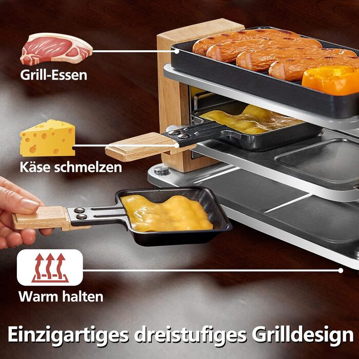 Електричний міні-гриль Raclette COKLAI на 2 особи, антипригарна рифлена пластина, 2 сковорідки та дерев'яна лопатка, 300 Вт, натуральне дерево
