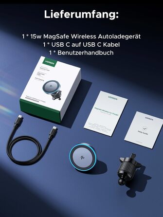 Автотримач для телефону UGREEN з MagSafe та зарядкою 15W (1M кабель) - сумісний з iPhone 17/17 Pro/17 Pro Max/16/15/14/13