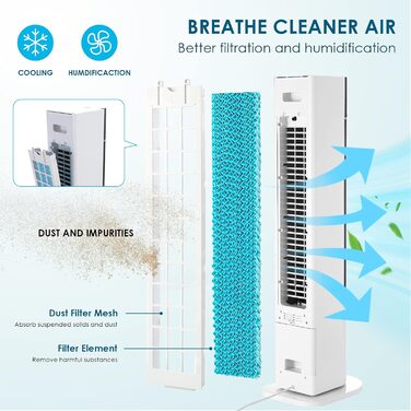 Турбовентилятор 104 см з дистанційним керуванням та водяним охолодженням, 4 в 1: охолодження, зволоження, очищення повітря. Обертання 50°, таймер 12 годин, тихий, для спальні, вітальні, білий