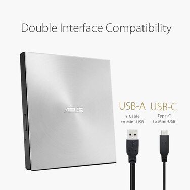 Зовнішній ультратонкий DVD-записувач Asus ZenDrive U9M USB-C/USB-A, сріблястий (для Apple та Windows, з кабелями та ПЗ)